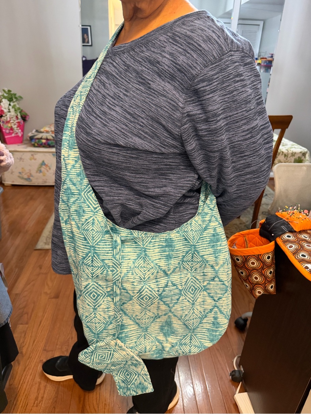 Light Teal Patterned Crossbody Tote Bag by Barbara